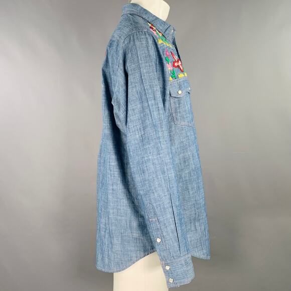 NEEDLES Size L Blue Multi Color Embroidery Chambray Snaps Long Sleeve Shirt - Picture 3 of 7